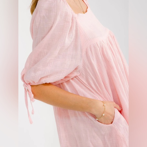 099 • Light Pink Babydoll Mini Dress | Bow Tie Puff Sleeves Cotton Summer Dress - Picture 4 of 6
